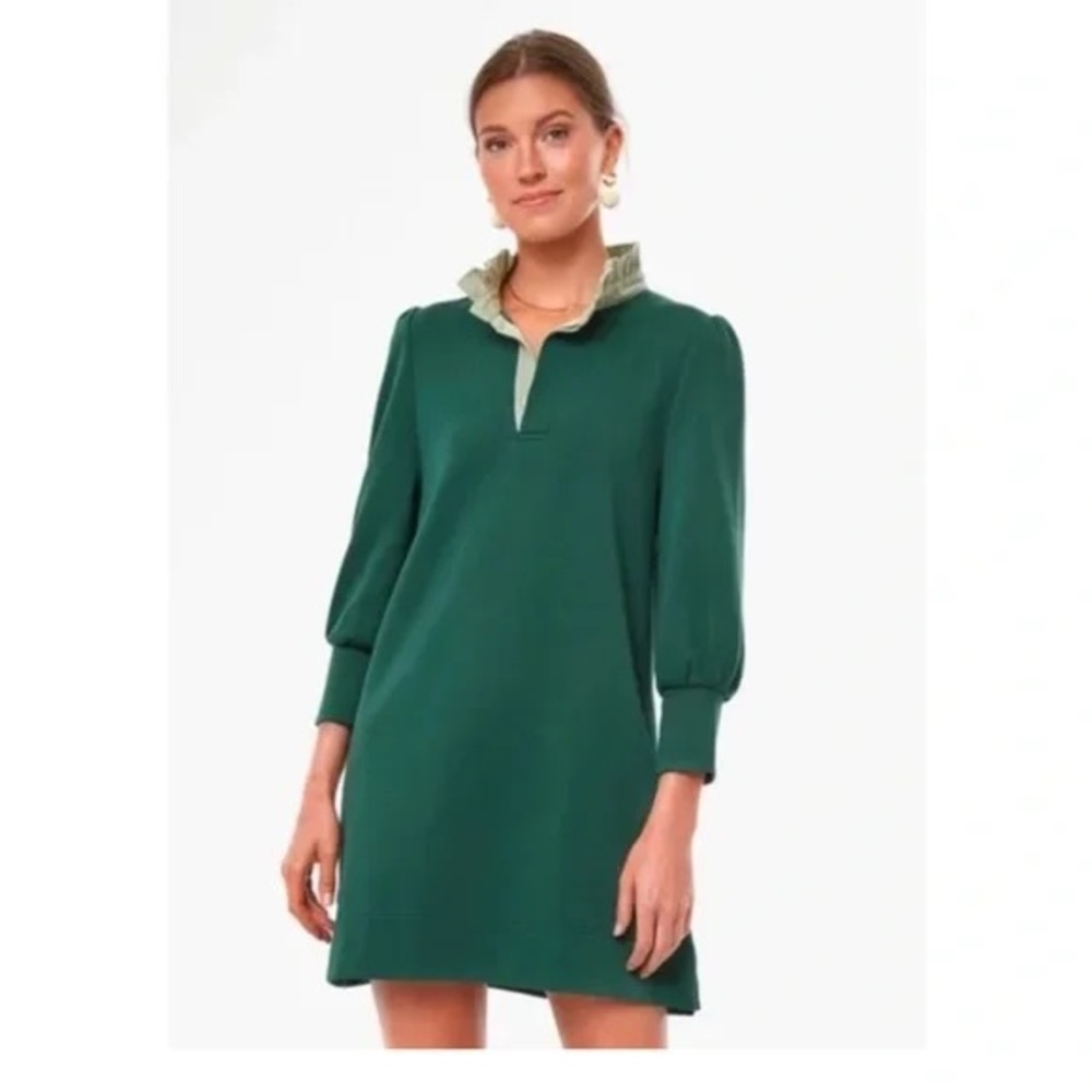Pomander Place Tuckernuck Charlotte terry dress Green Ruffle Neck Shift dress